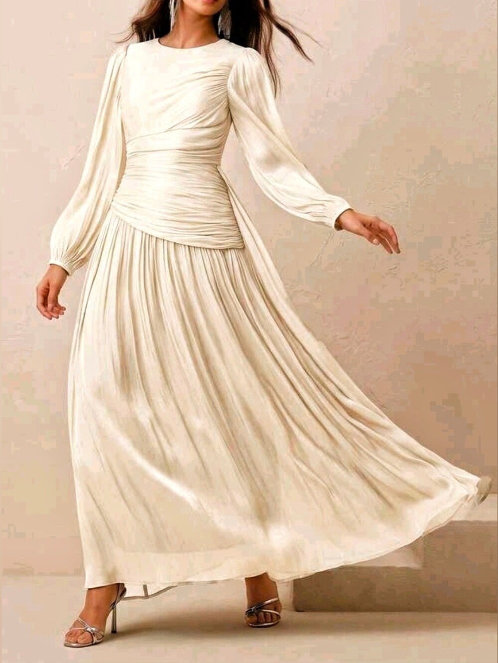 New Luxe Metallic Crinkle Ruched Waist Flared Maxi Dress Ivory Cream - Picture 2 of 10